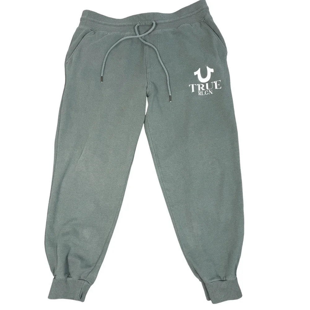 True‎ Religion Joggers Mens Large Green Horseshoe Logo Fleece Sweatpantsr